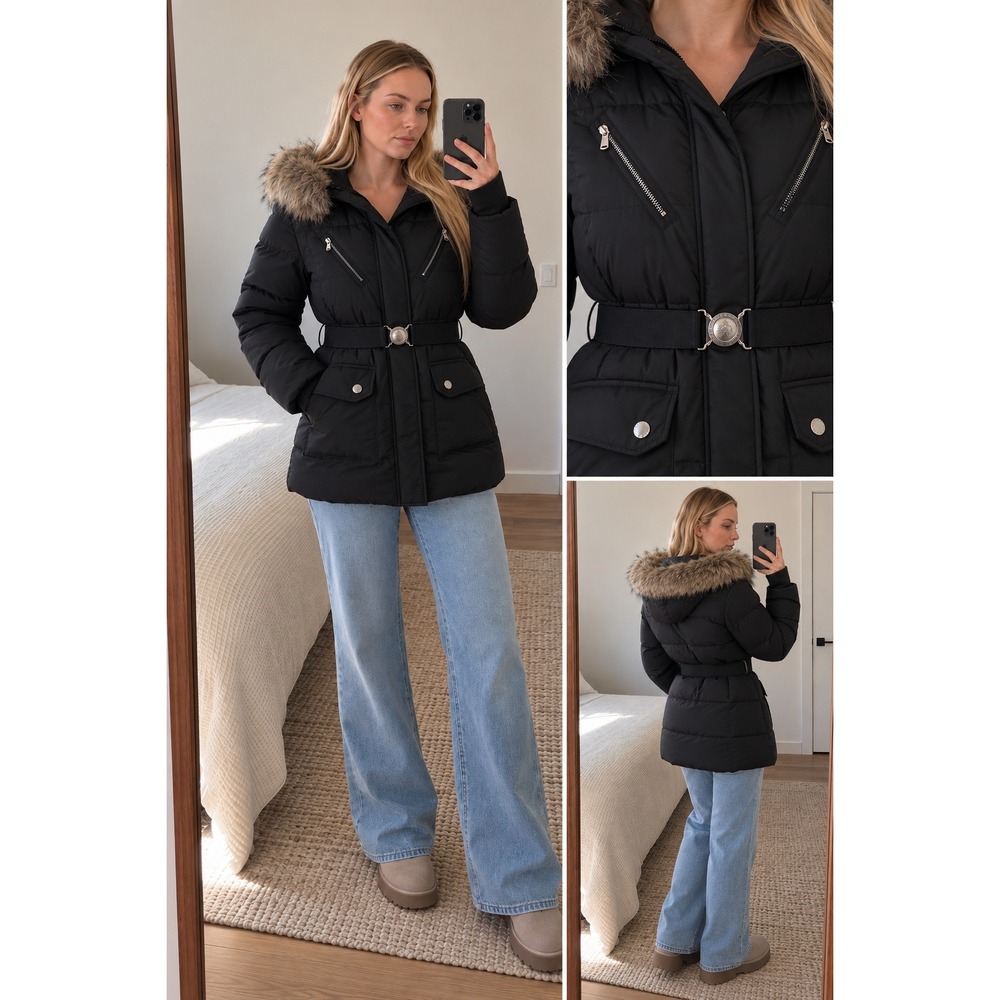 Lauren Ralph Lauren Womens Puffer Coat XL Black Faux Fur Hood Belted Down NWT